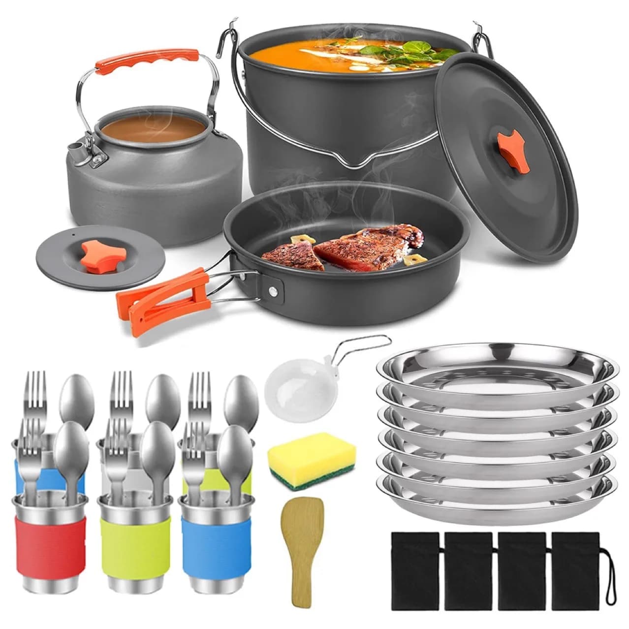 Set di Pentole da Campeggio Multifunzionale in Alluminio per 6 Persone con Fornello Pieghevole Portatile e Teiera
