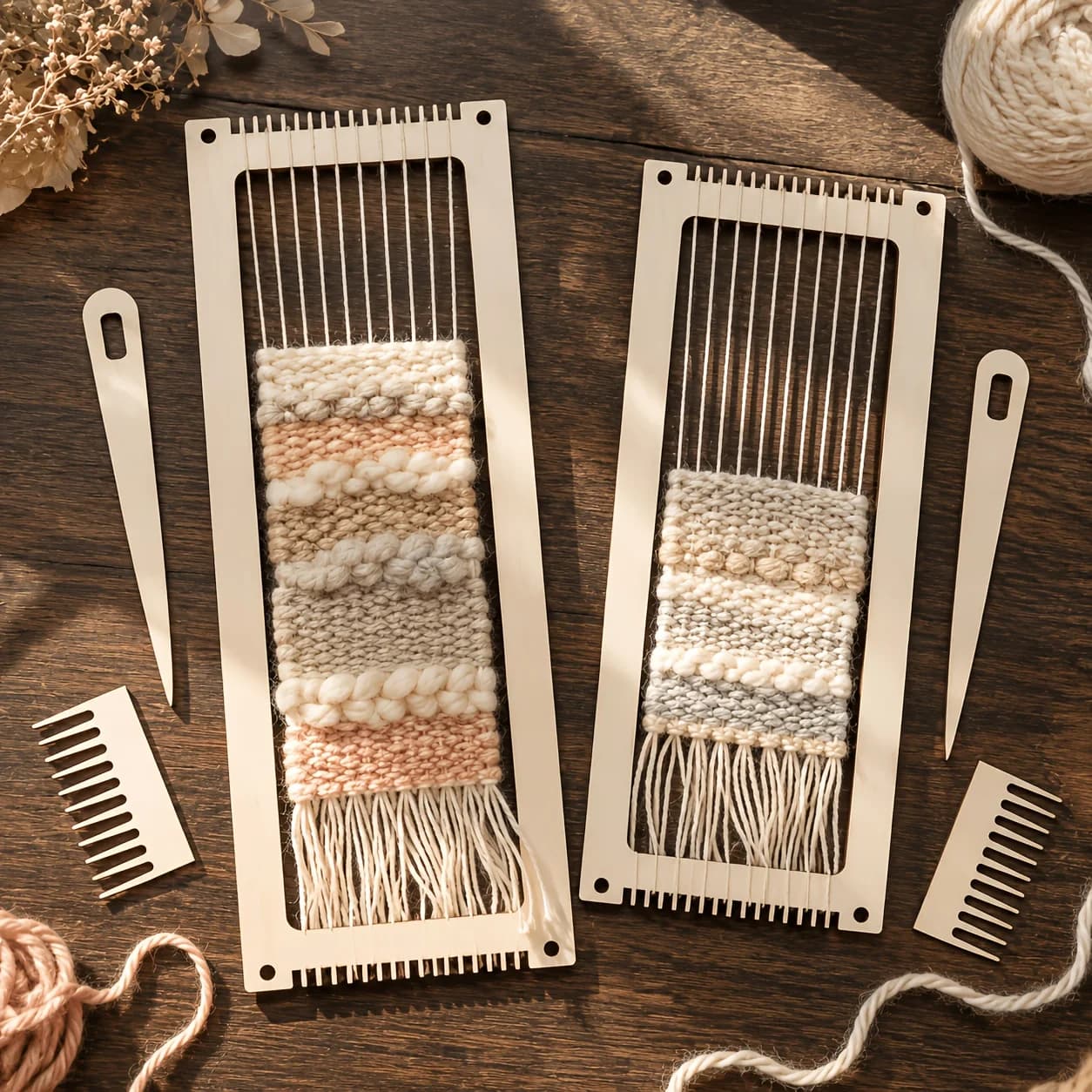2Sets Mini Wooden Weaving Loom Kit for Beginners Handheld Tapestry Loom with Comb & Crochet Needle DIY Craft Knitting Tool