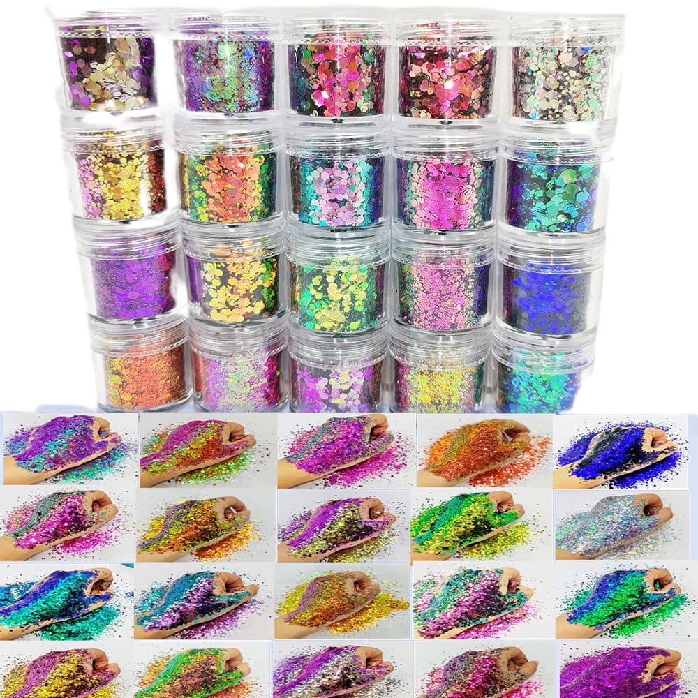 Camaleonte 20 colori Cambiano Chunky Hexagon Shift Glitter Mix Paillettes a forma di scaglia per nail art fai da te, viso, corpo, melma, bicchiere