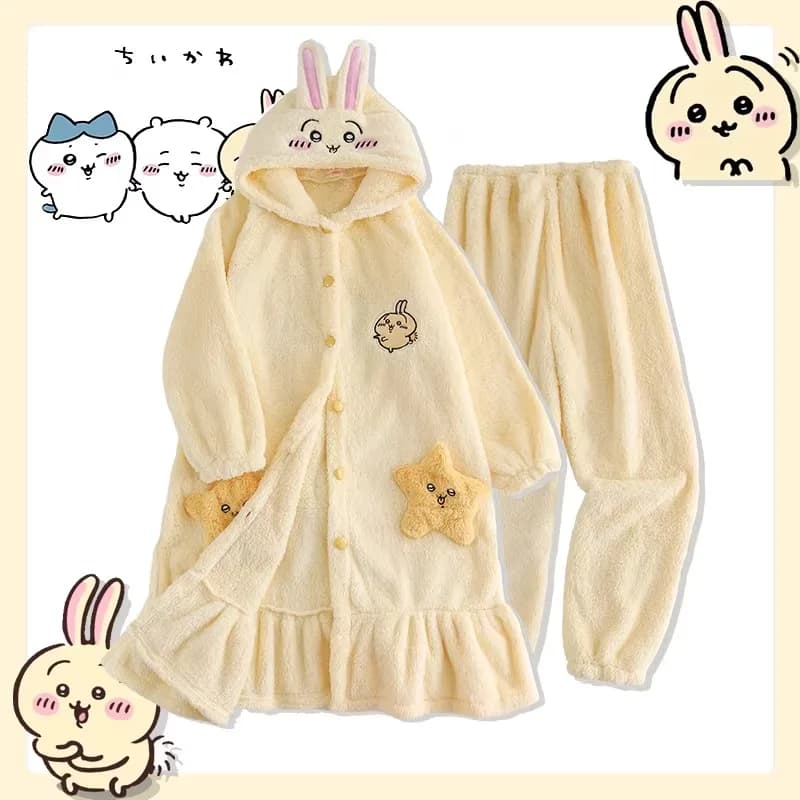 2026 New Style Cute Usagi Hachiware Nightgown Plus Velvet Keep Warm Pajamas Winter Cartoon Plus Velvet Lounge Clothes Anime
