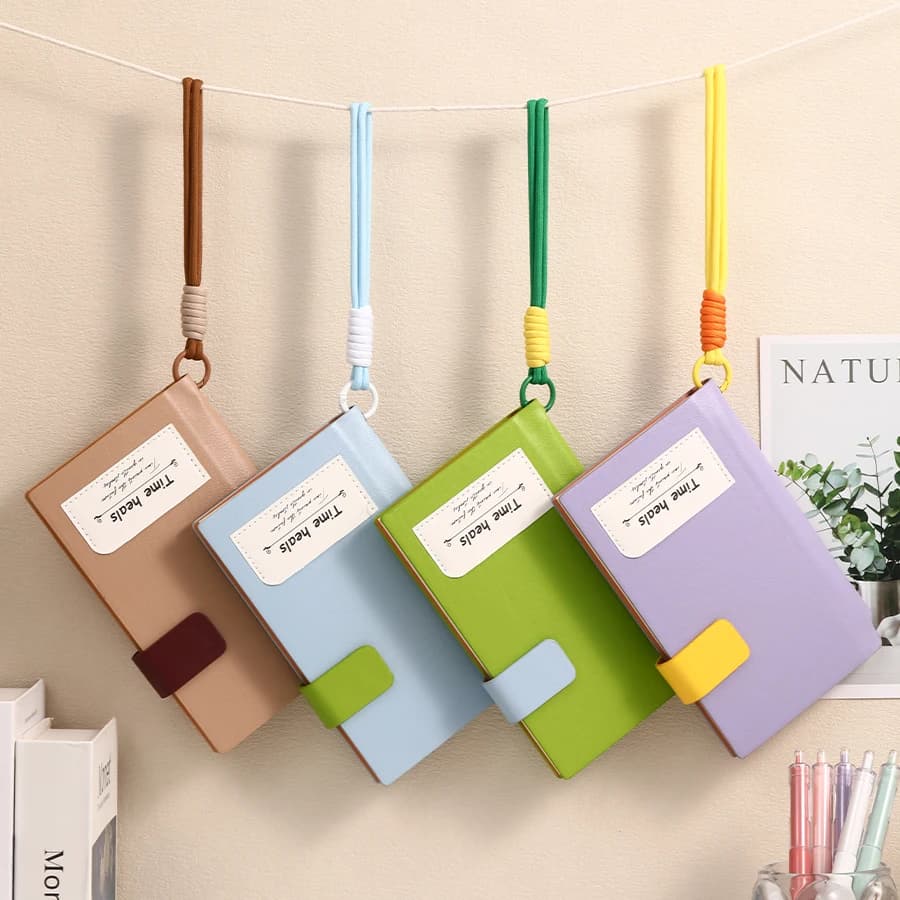 A6 Pocket PU Leather Notebook with Lanyard Closure Time Heals Inspirational Journal Portable Mini Diary for School Office
