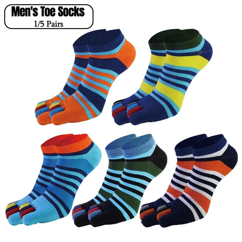 1/5 Pairs Men's Cotton Five Finger Toe Socks Striped Colorful Toe Ankle Socks Breathable Low Cut No Show Invisible Socks