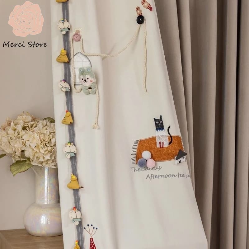 Cat Star Cartoon Embroidery Curtains for Boy Girl Childrens Room Blackout Thick Friendly Hazard Free Kids Window Drapes Custom