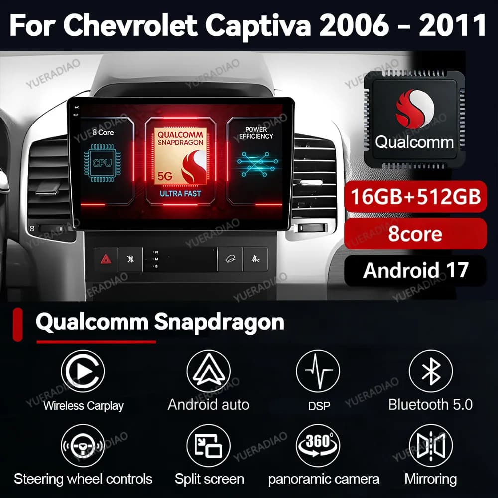Autoradio Android 17 per Chevrolet Captiva I 1 2006 - 2011, Lettore Multimediale Stereo Video, 4G LTE, 5G WIFI, BT, Qualcomm, 2DIN, QLED