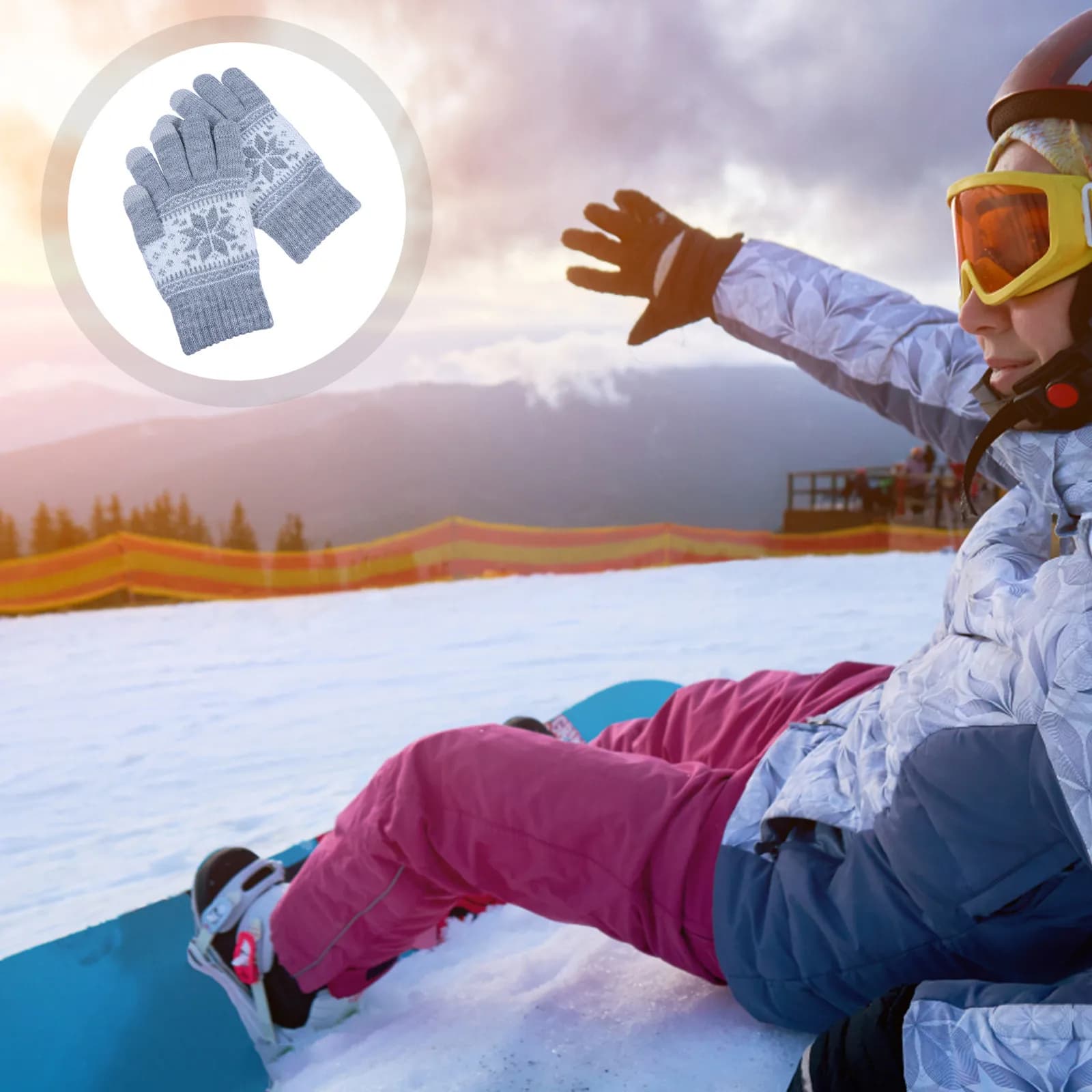 1 pair of knitted wool touch screen gloves, hot, with whole fingers, winter, with snowflake pattern, windproof, for racing, cycling, hiking
