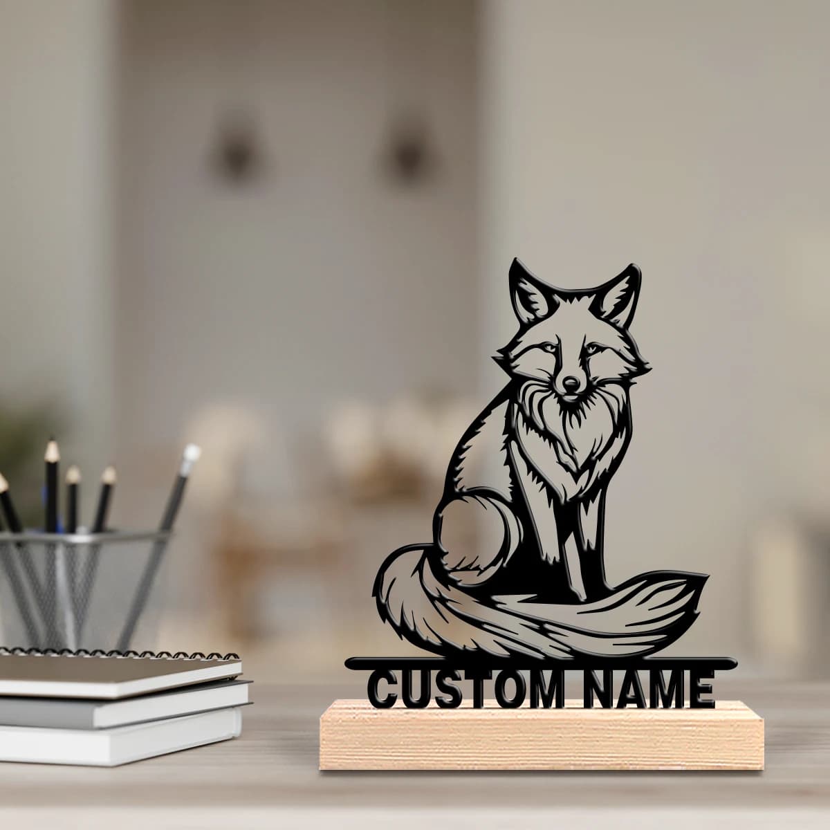 Decorazione da tavolo in metallo a forma di volpe con base in legno, design artistico personalizzato, adatta come regalo per avvocati, ufficio e uomini.