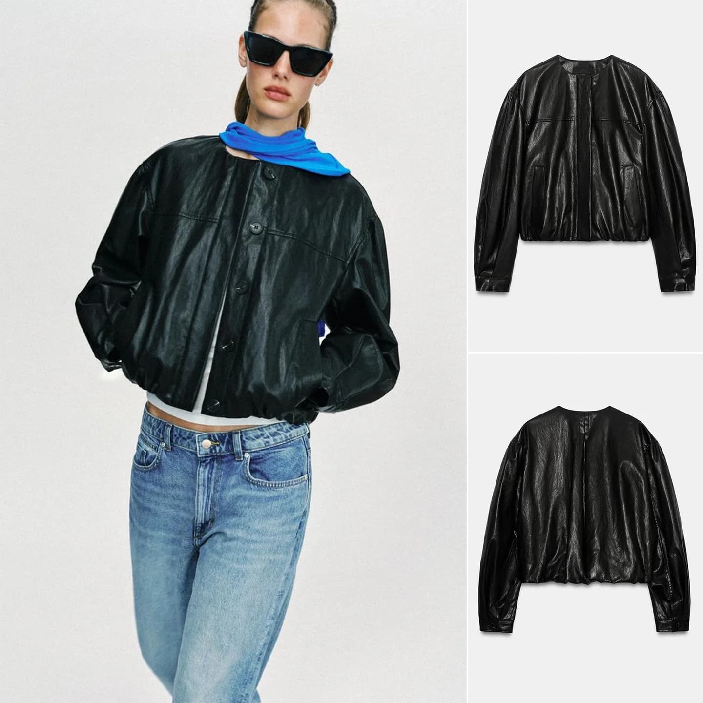 Summer New Women's round Neck Long Sleeve Puffy Elastic Hem Single Row Multi-Buckled Jacket Outerwear Standard Fit Commute Style
