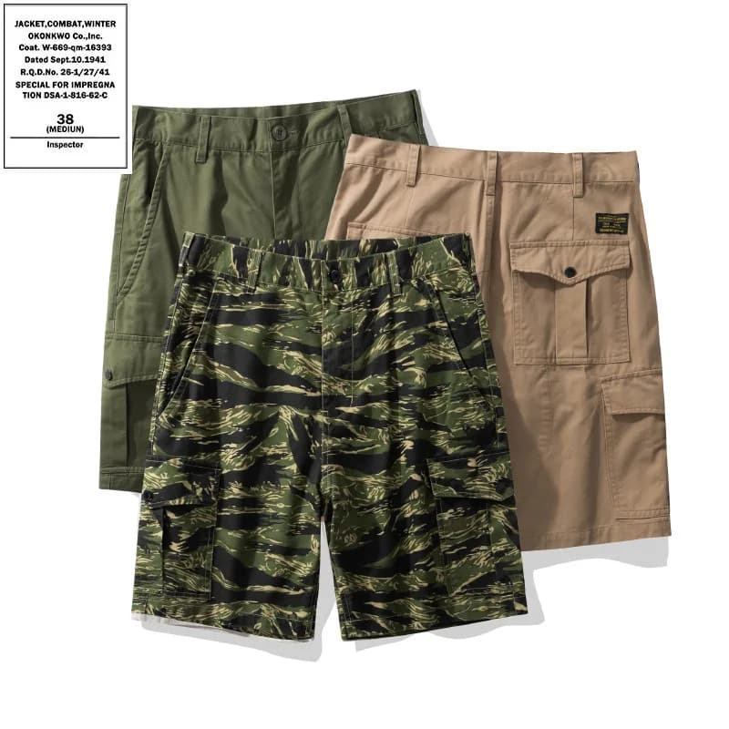 Five-point cycling shorts for OKONKWO Belgium M-64 MOD wide camouflage trousers with multiple pockets