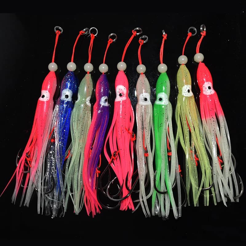 6 pz/pacco esca da pesca calamari morbidi 12 cm 5,5 g gonna in gel di silicone tentacolo 15 # doppio gancio di assistenza gancio per esca attrezzatura per pesci acqua salata