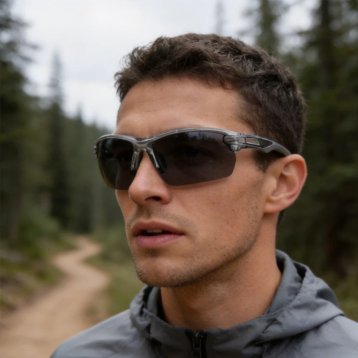 Outdoor Sport Cycling Sunglasses Grey Semi-Rim Streamline Frame Dark Lens Wind Resistant Eyewear For Men Daily Outside Workout
