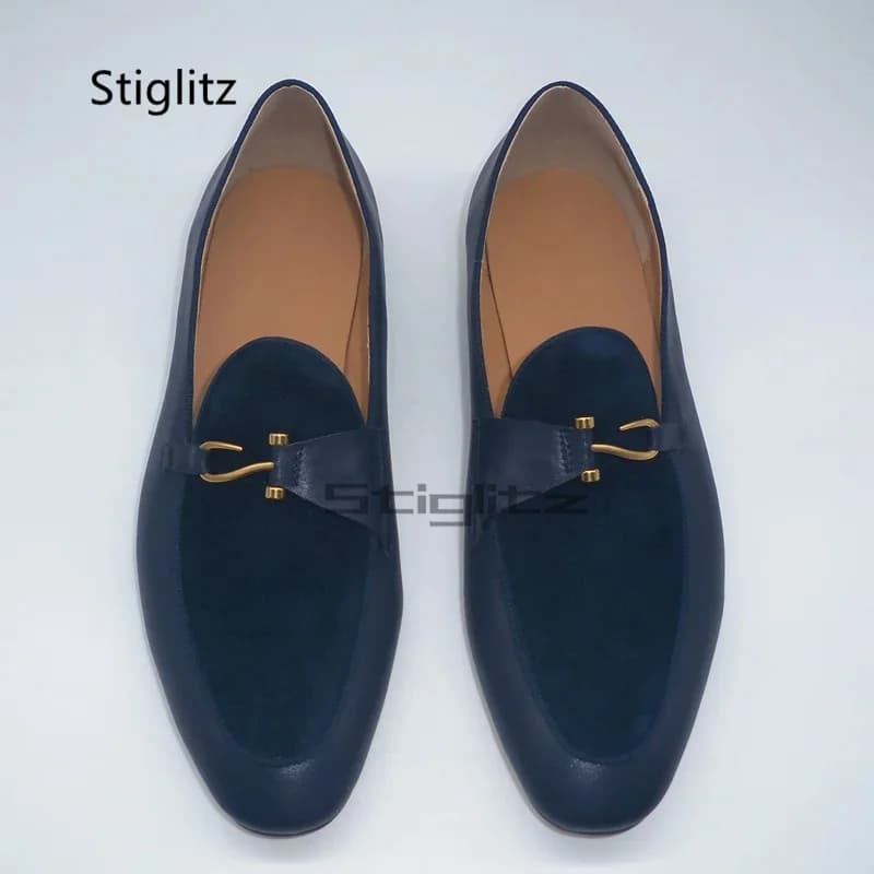 Mocassini da uomo in vera pelle scamosciata blu scuro, con punta tonda, scarpe casual basse da uomo, slip-on per la guida quotidiana