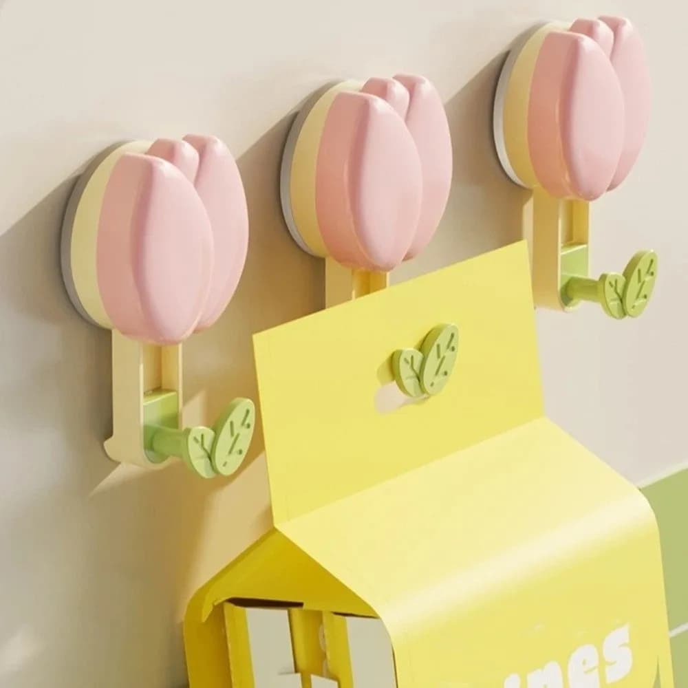 Plastic Tulip Suction Cup Hooks No Drill Removable Wall Mounted Hook Flower Shape Decorative Vacuum Suction Hook Dormitory