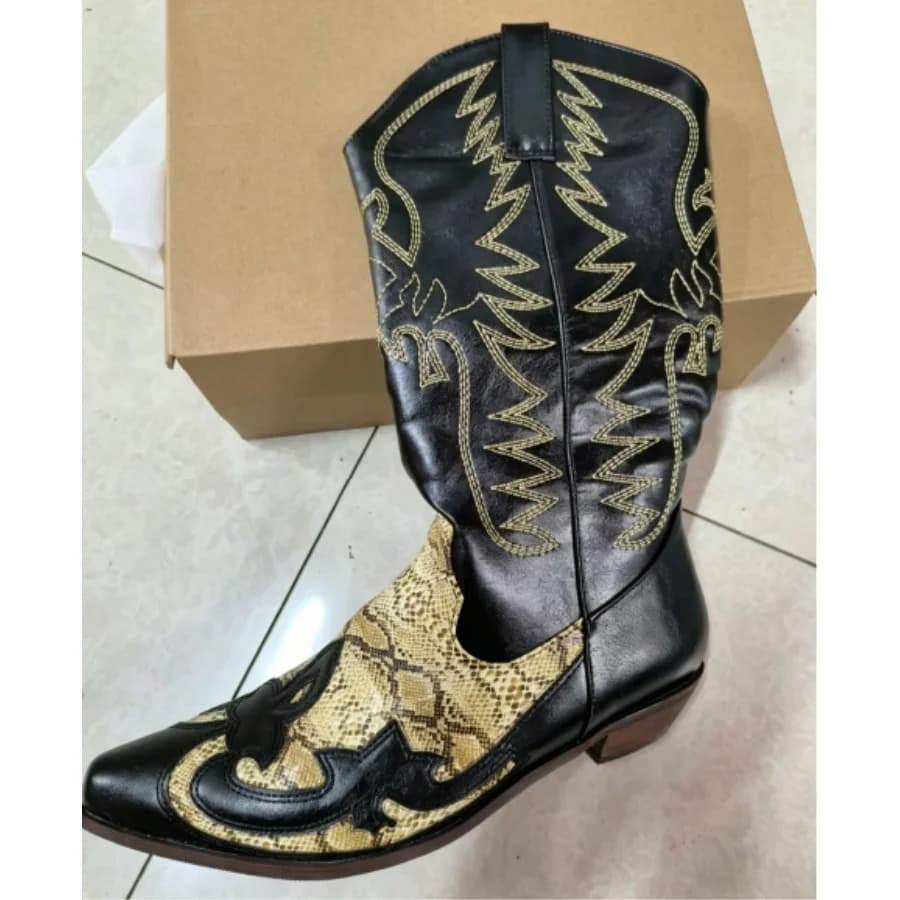 Embroidered Western Cowboy Boots Retro Pointed Toe Mid Calf Knight Boots for Men Women Chunky Heel Cowgirl Boots Plus Size 36-48