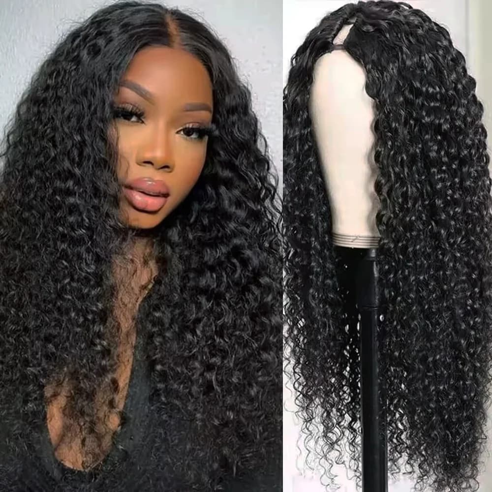 Long curly wigs with V part in human hair, density 200, wavy water effect, for woman, with V clip, 16-32 inch