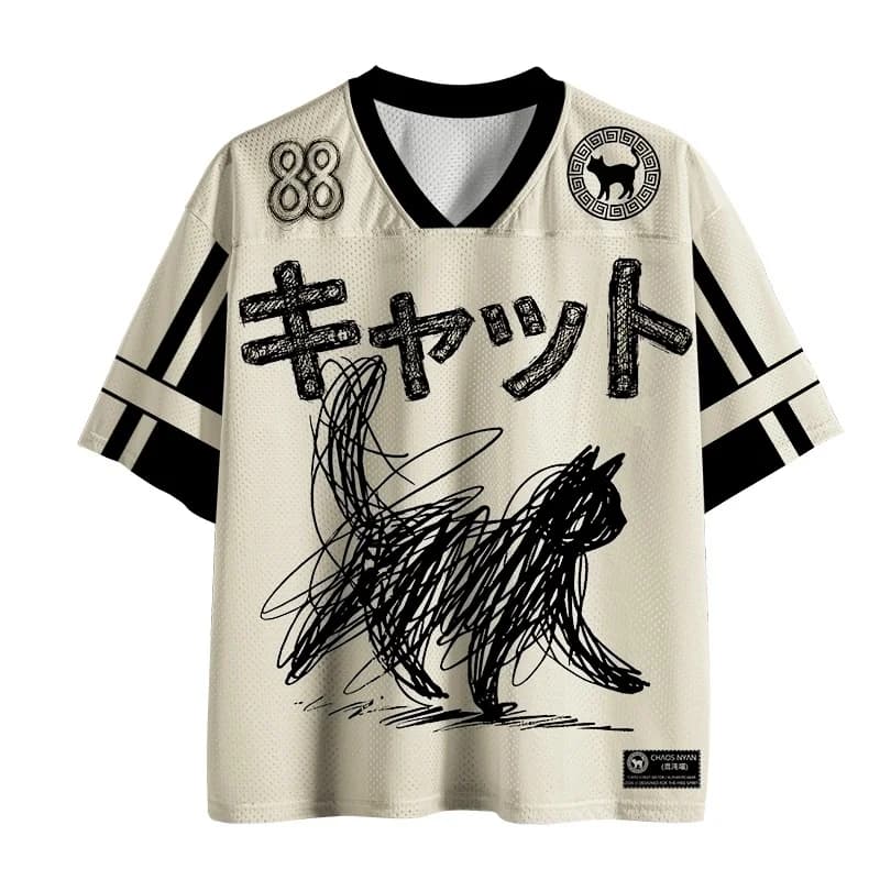 Retro line cat pattern printed men's T-shirt 3D women's children's T-shirt V-neck short sleeved Harajuku oversized