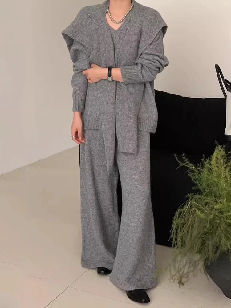 Chic V-Neck Knitted Sweater Soft Long Pants Scarf Three-Piece Set Autumn Winter French Style Loose Fit Women's Fashion Set
