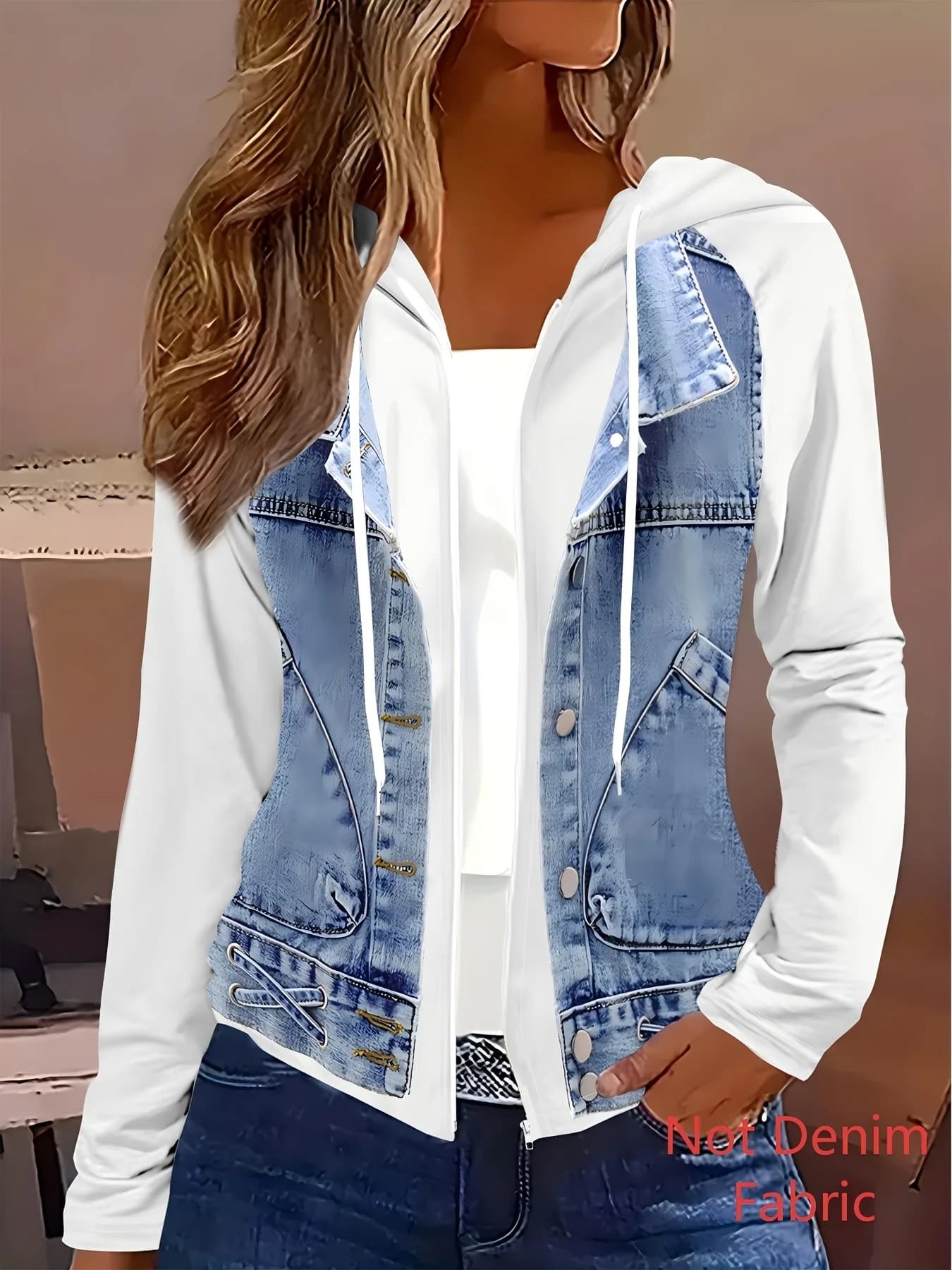 Giacca stampata - Non in tessuto denim e giacca con cappuccio bianca, stile casual per primavera e autunno