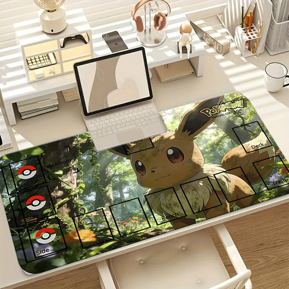 Tappetino da Gioco Pokemon Eevee TCG, Grande Tappetino per Mouse da Gaming per Giochi di Carte Collezionabili con Zone, Tappetino da Scrivania Antiscivolo