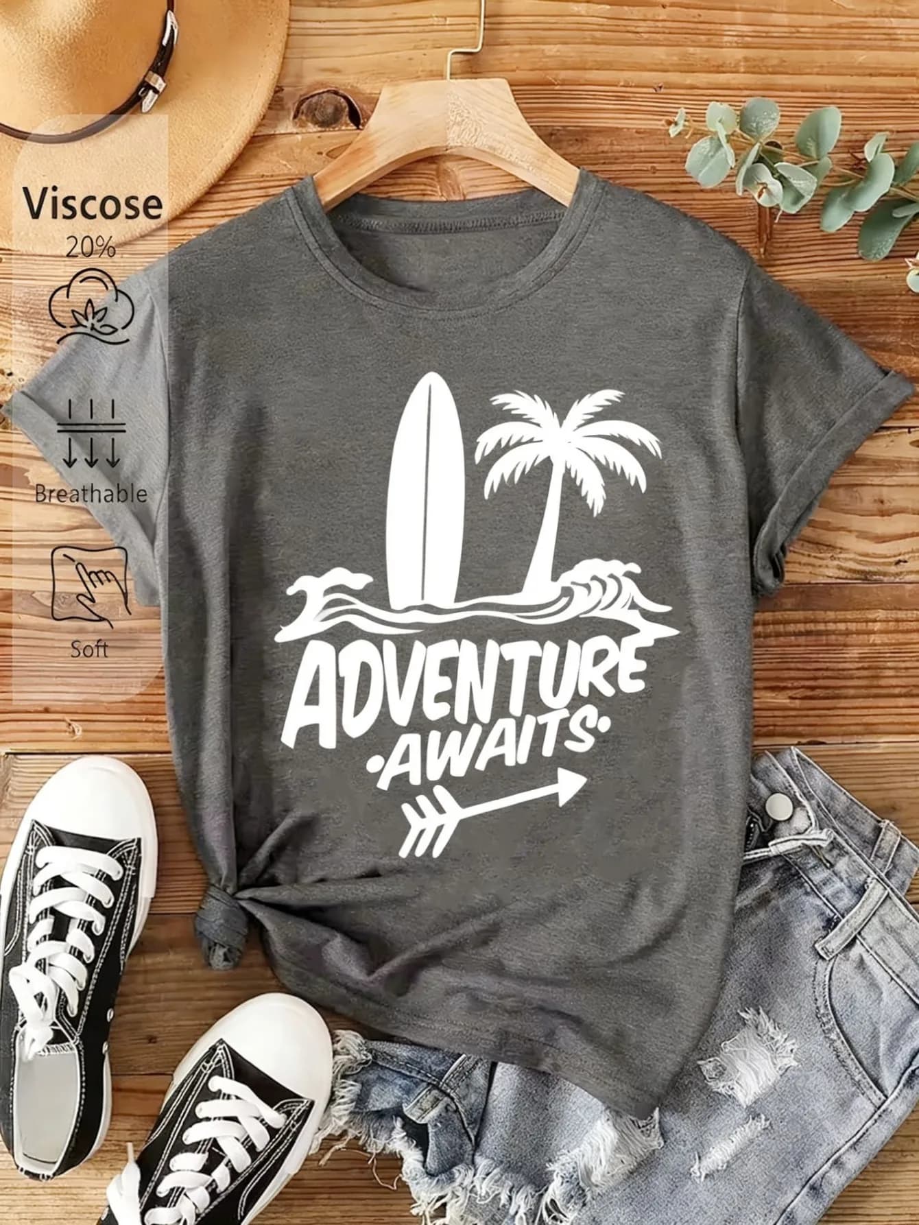 Plus size women's short sleeve T-shirt Surfboard Palm Tree Waves Adventure Awaits Arrow Spring and Summer Must-Haves summer