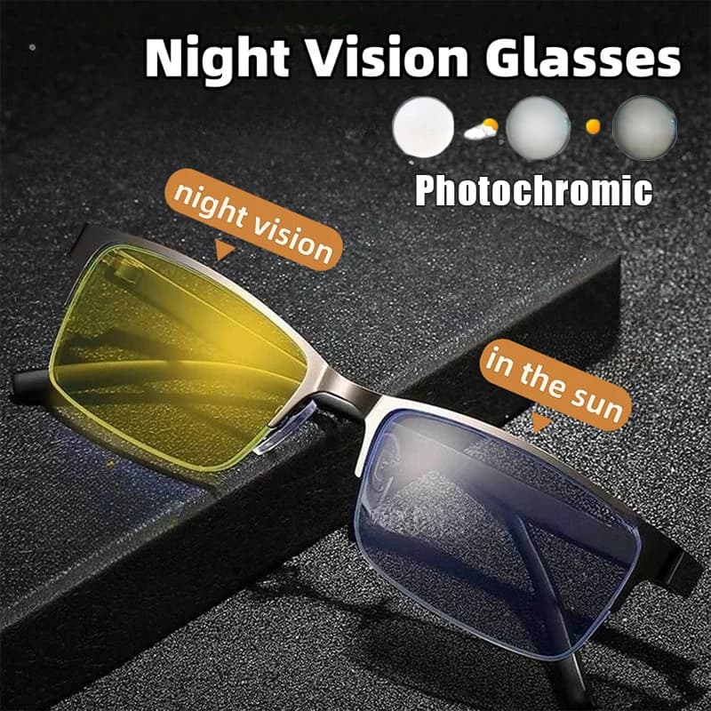 Photochromic Night Vision Glasses Semi-Rimless UV-Protective Sunglasses Men's Driving Eyewear for Anti-Glare Protection