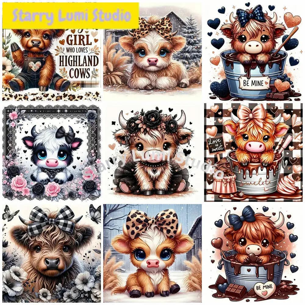 Pittura Diamantata Fai da Te: Nuova Collezione Animali - Ricamo Diamantato Mucca Highland con Cuore, Decorazione per la Casa