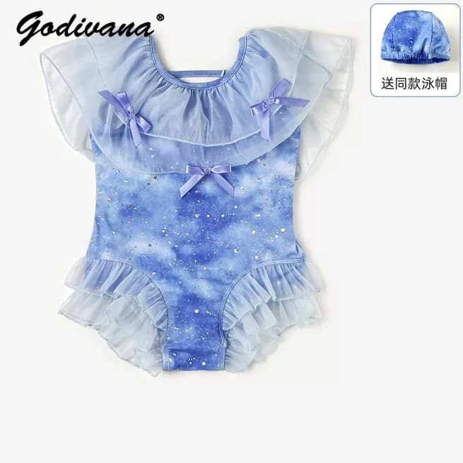 Costume da bagno intero da principessa per bambine, estivo 2026, nuovo, a maniche corte, blu, con paillettes, fiocco e bordo in pizzo, protezione solare