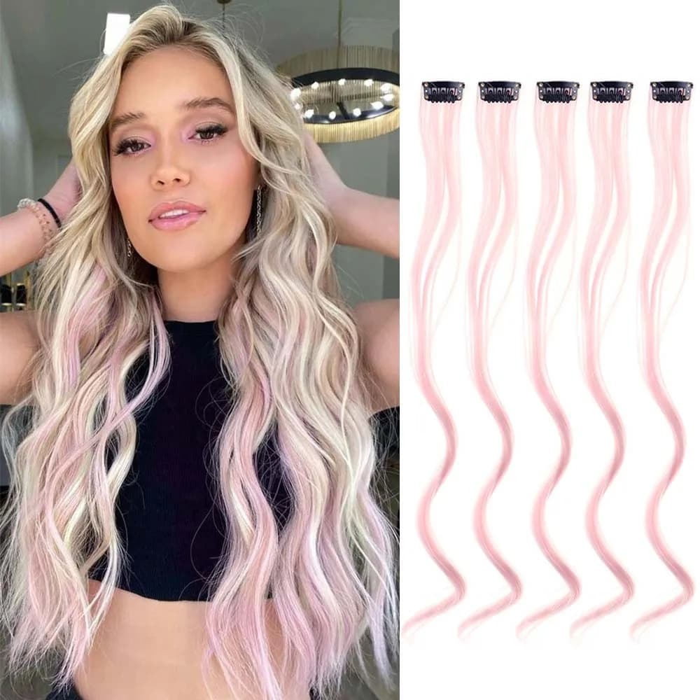 Set da 5 pezzi di extension per capelli con clip colorate da 18 pollici, lunghi e ricci, sintetici, con ciocche colorate per donna