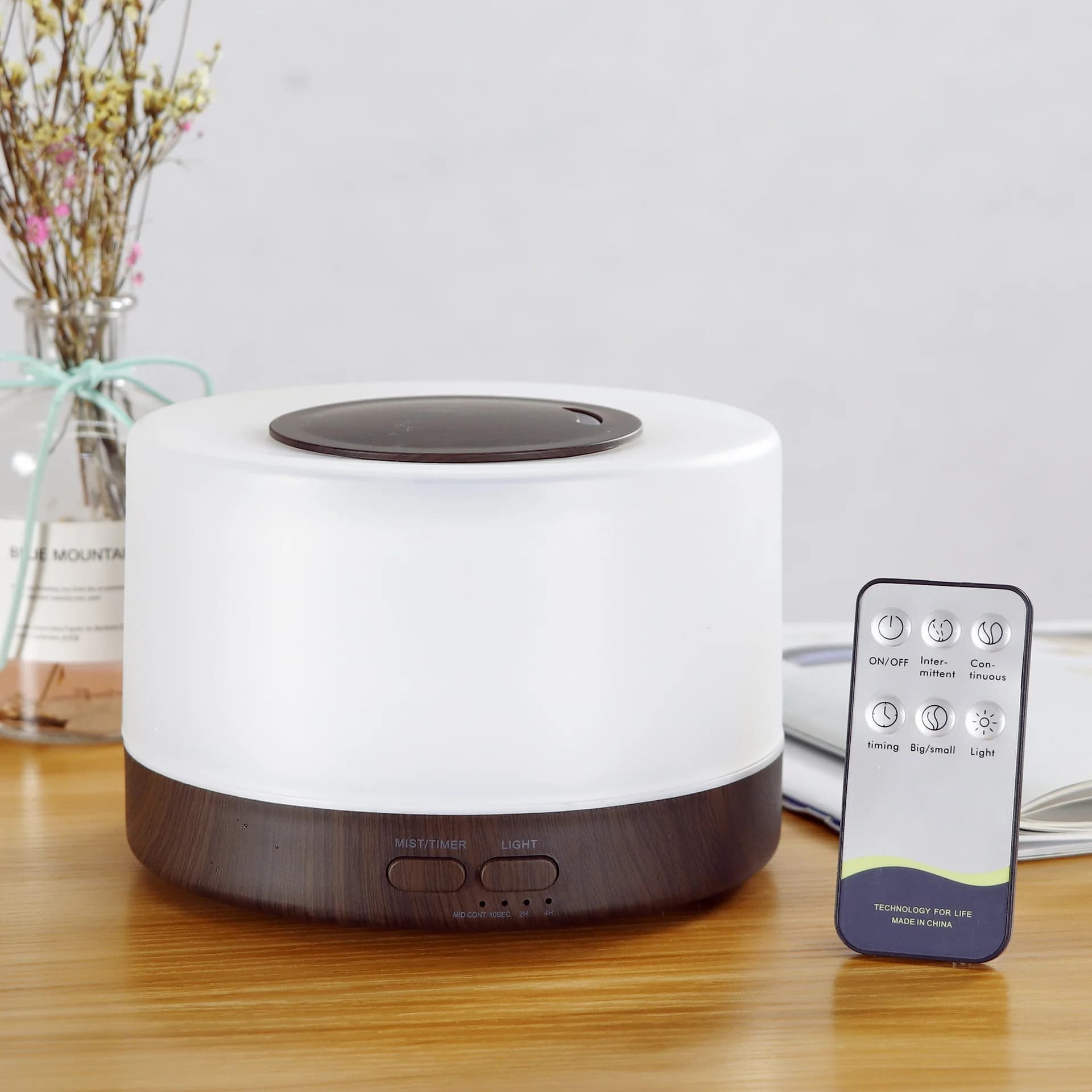 Diffusore di Aromi Smart Wood Design 500ml con Telecomando, 7 Colori LED, Set Regalo 6 Oli Essenziali, Umidificatore a Ultrasuoni per Casa