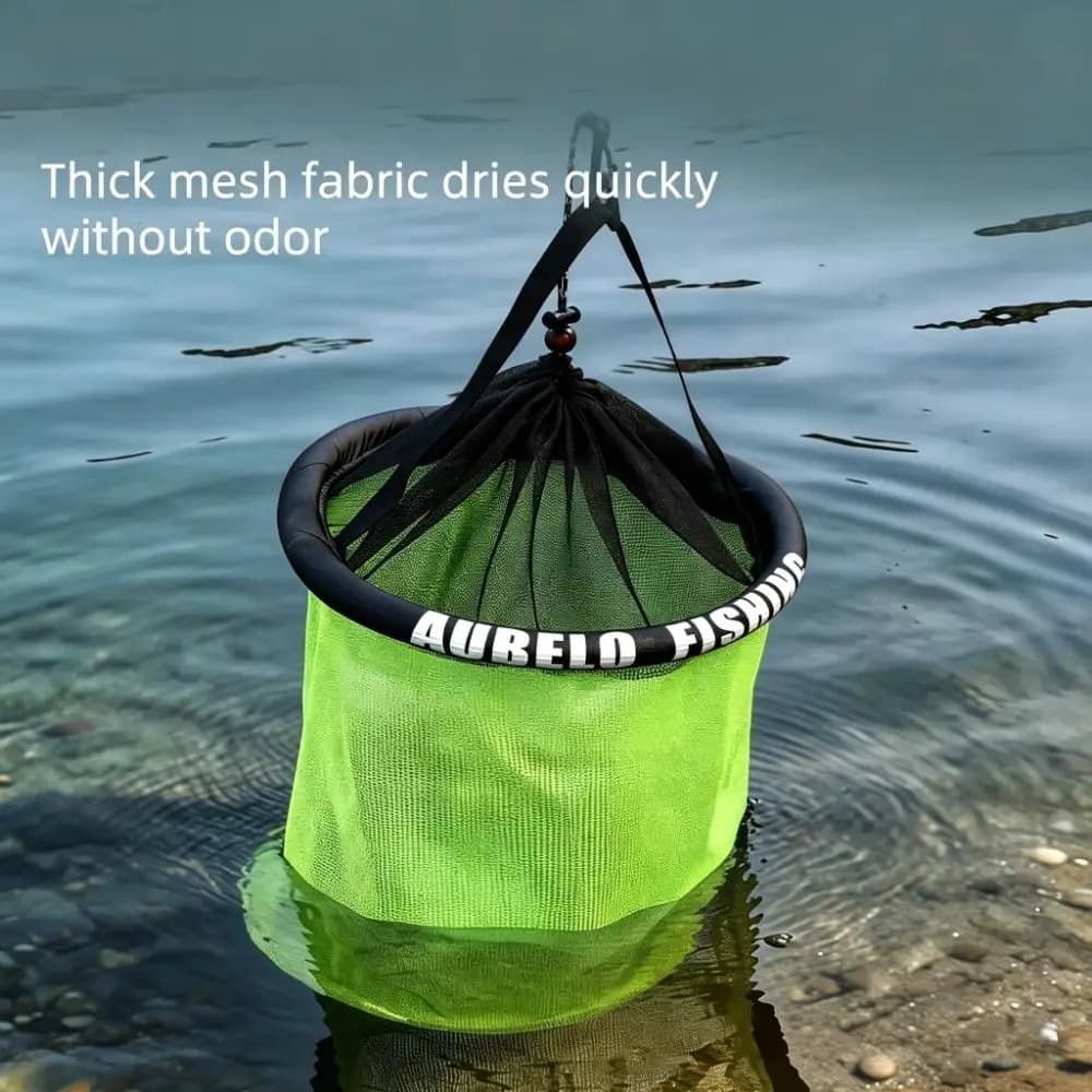Durable Mesh Foldable Fishing Basket Bait Container Drawstring Closure Round Floating Basket Collapsible 25/35cm Live Fish Net