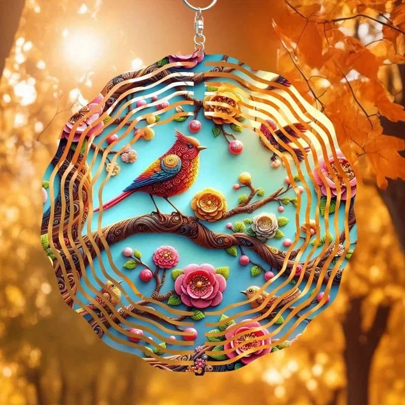 2D Flat Bohemian Metal Flower Bird Wind Dreamcatcher, 10 Inch Faux Stained Glass Decor for Indoor Outdoor Garden, Christmas Hall