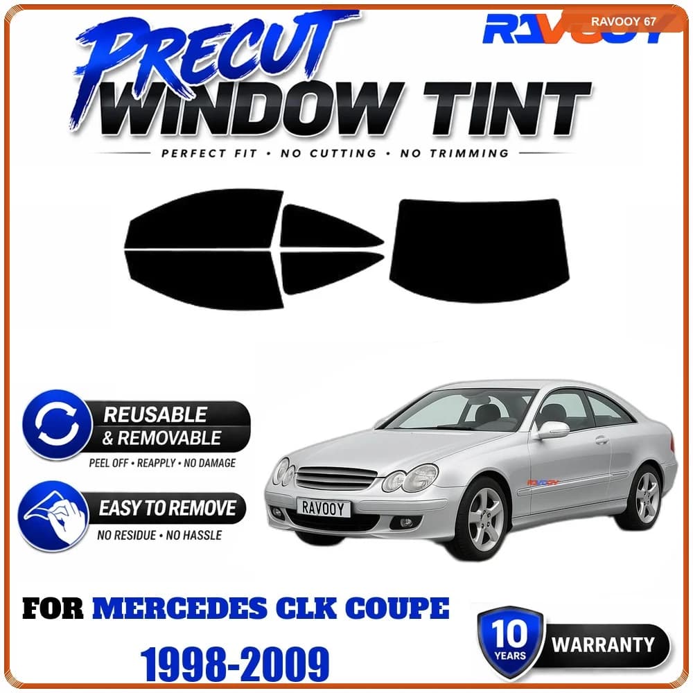 RAVOOY Precut Window Tint, Reusable Removable EPU Film, Custom Fit for Mercedes CLK Coupe 1998-2009, UV Heat Protection