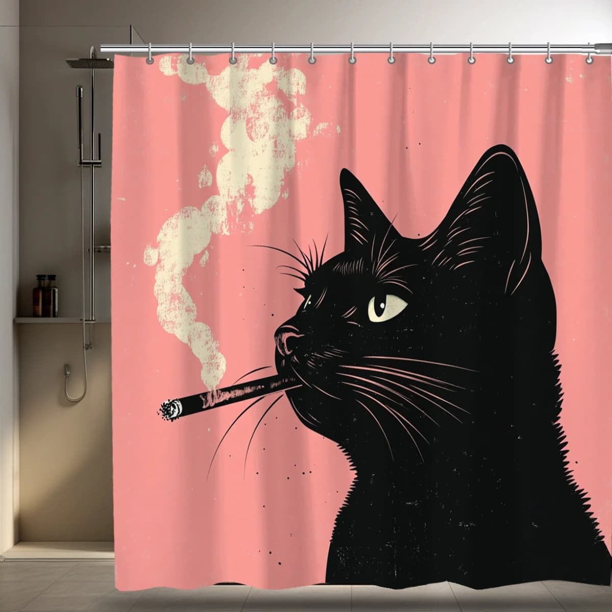 Tenda da doccia antimacchia con stampa gatto elegante da 1 pezzo, tessuto in poliestere, lavabile in lavatrice, impermeabile, con ganci