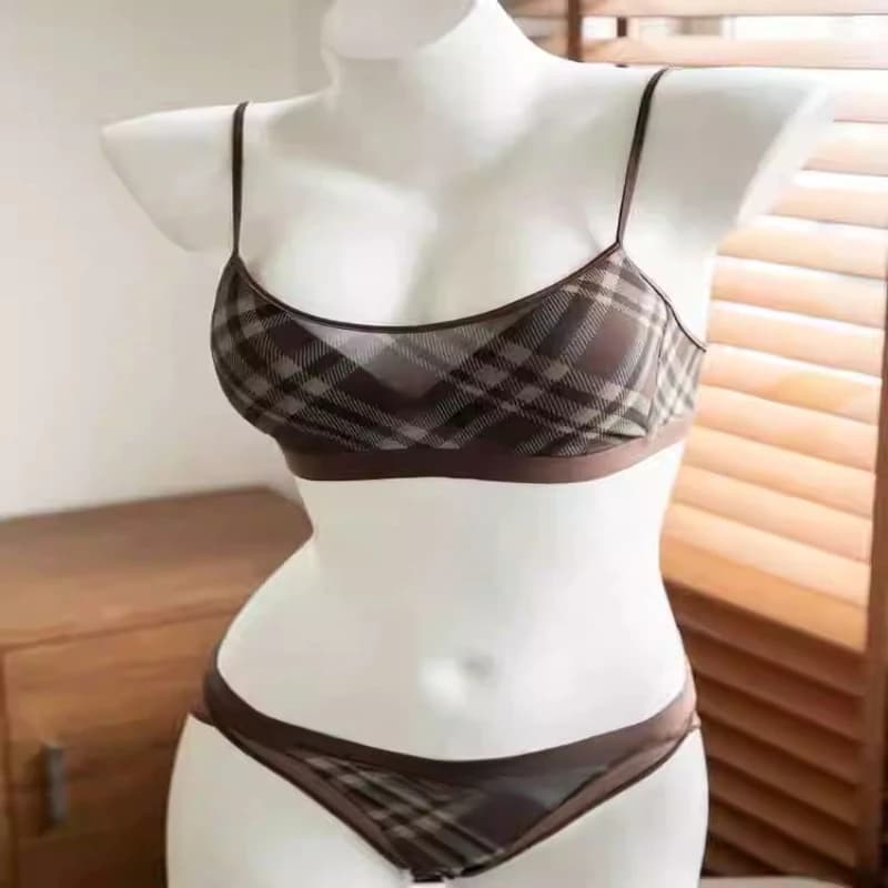 Nuovo Set Lingerie Vintage Americano a Quadri per Donne, Reggiseno Sottile Push-Up, Supporto Anti-Cedimento e Anti-Grasso Ascellare, Intimo Comodo per Uso Quotidiano