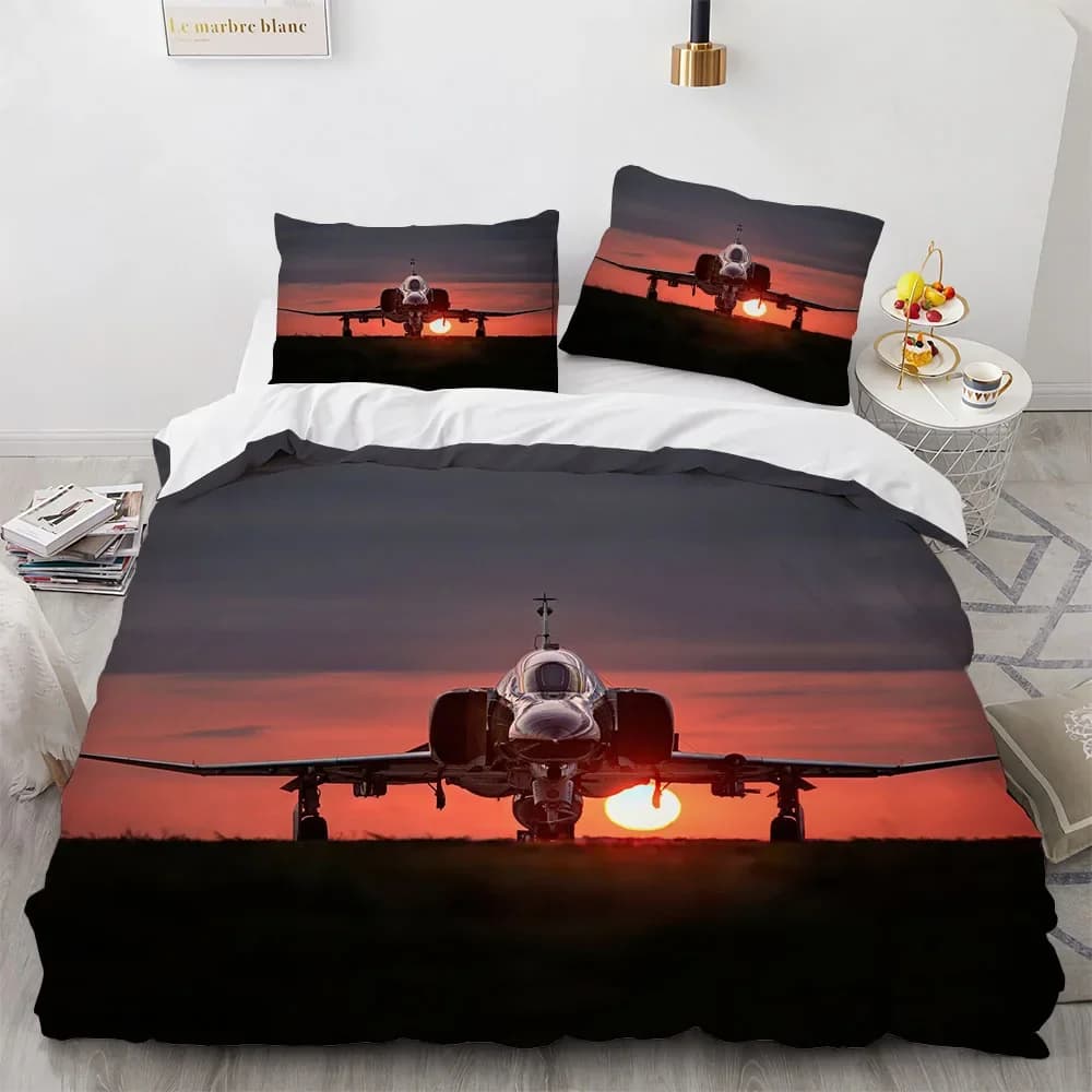 Copripiumino King Queen per aereo da caccia Set di biancheria da letto a tema aereo militare Bambini Ragazzi Uomini Copripiumino in poliestere per aereo al tramonto