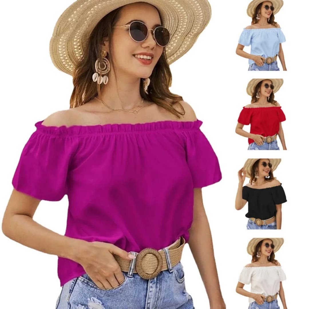 Camicetta estiva da donna con spalle scoperte, con volant, maniche corte, top casual da vacanza, graziosa maglietta da spiaggia