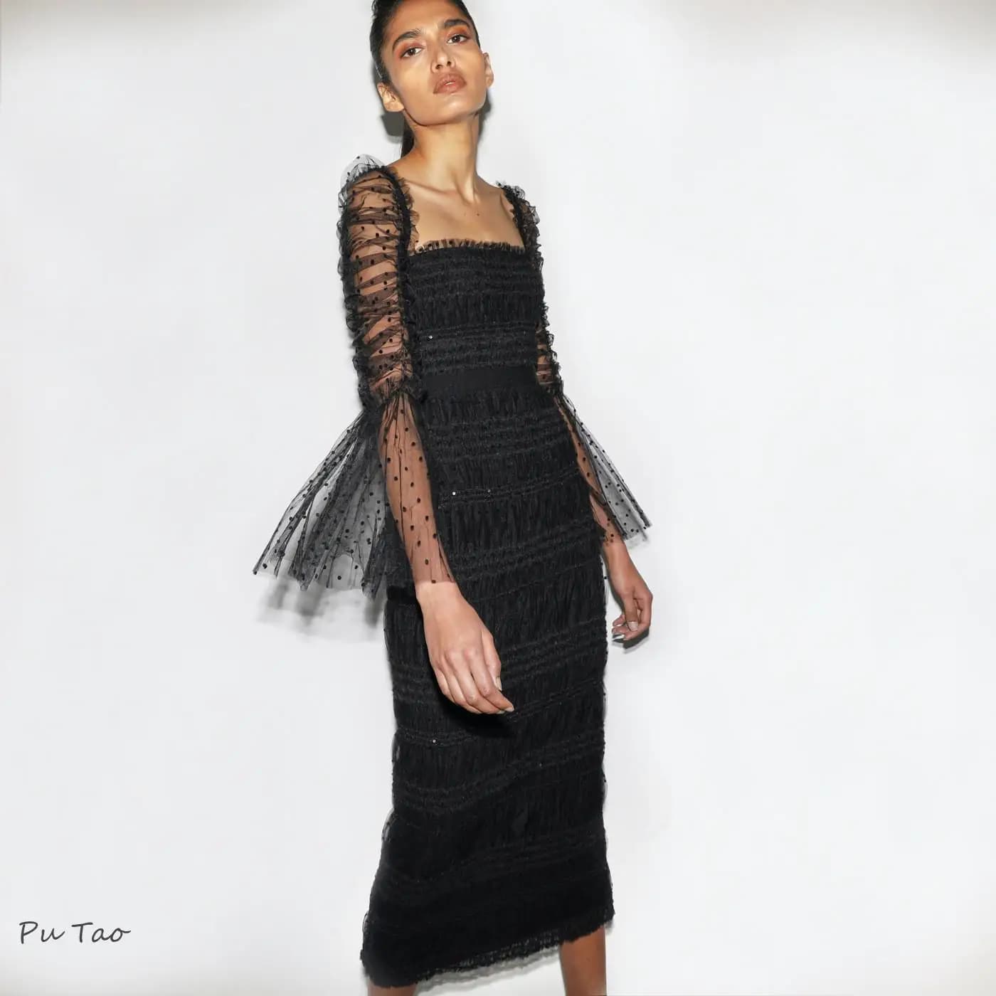 PuTao abito da festa di nozze donna Polka Dot drappeggiato maglia paillettes a maniche lunghe collo quadrato Halter nero vestito dalla fasciatura di media lunghezza