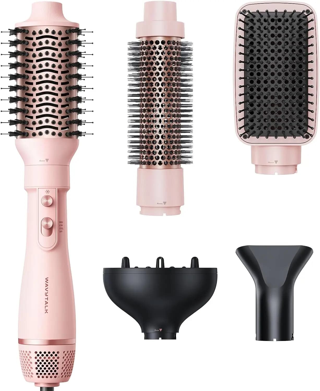 Set Spazzola ad Aria Calda 5-in-1, Styler Multifunzione per Acconciature da Salone, Ricci Lisci, Volumizzante e Lisciante, Meno Crespo, Rosa