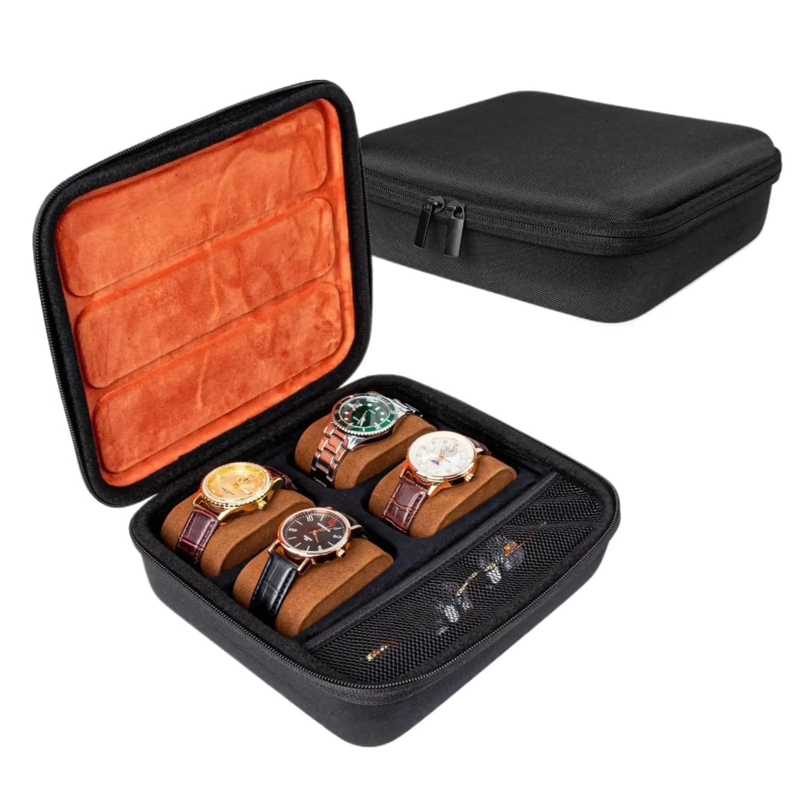 Travel Watch Case, 4 Slots Hard Shell Storage Box for Watch Glasses Accessories, Zippered Organizer Bag Valentine's Gift for Men