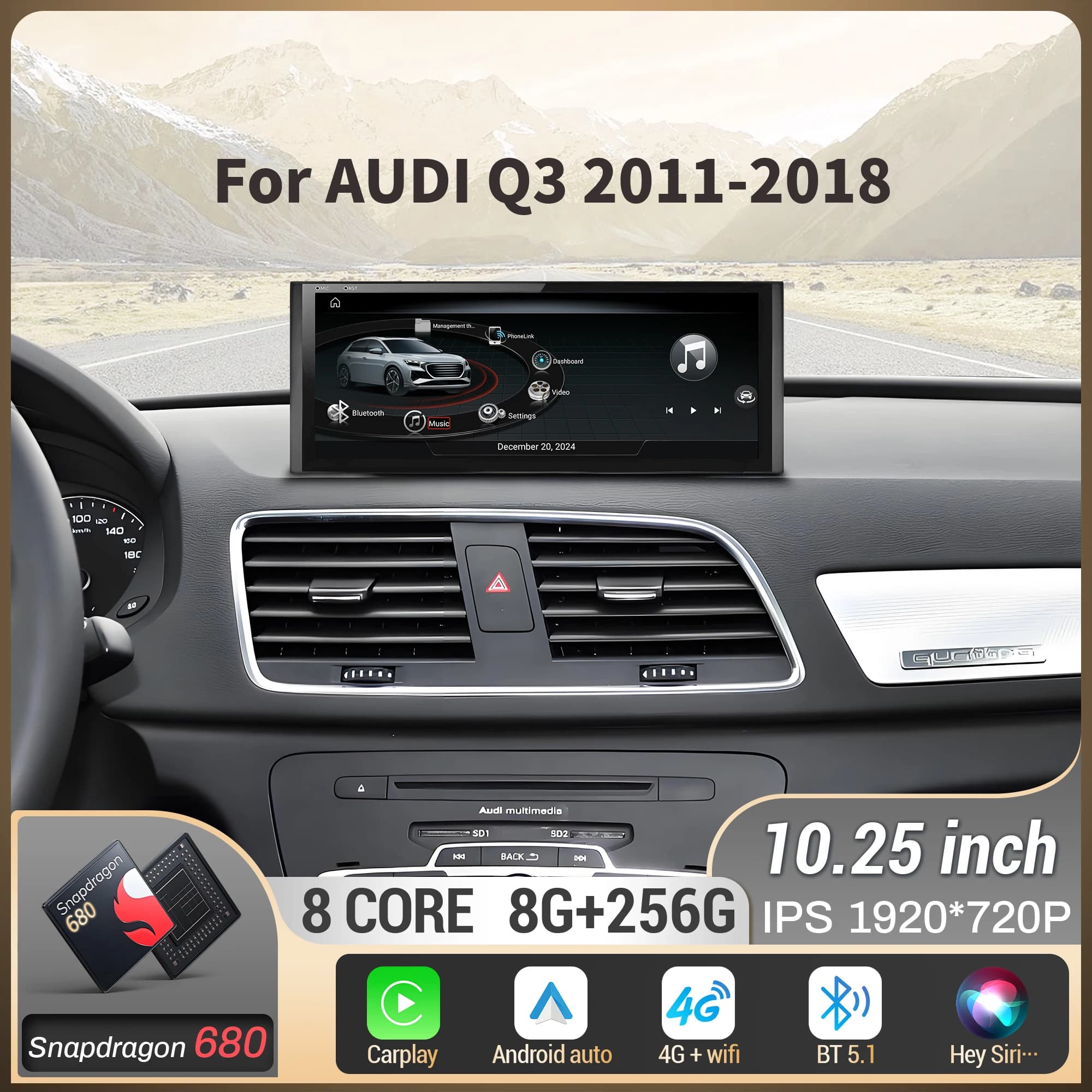 Autoradio da 10,25 pollici Android 13 per AUDI Q3 2011-2018 Wireless BT Carplay Snapdragon 680 Touch Screen
