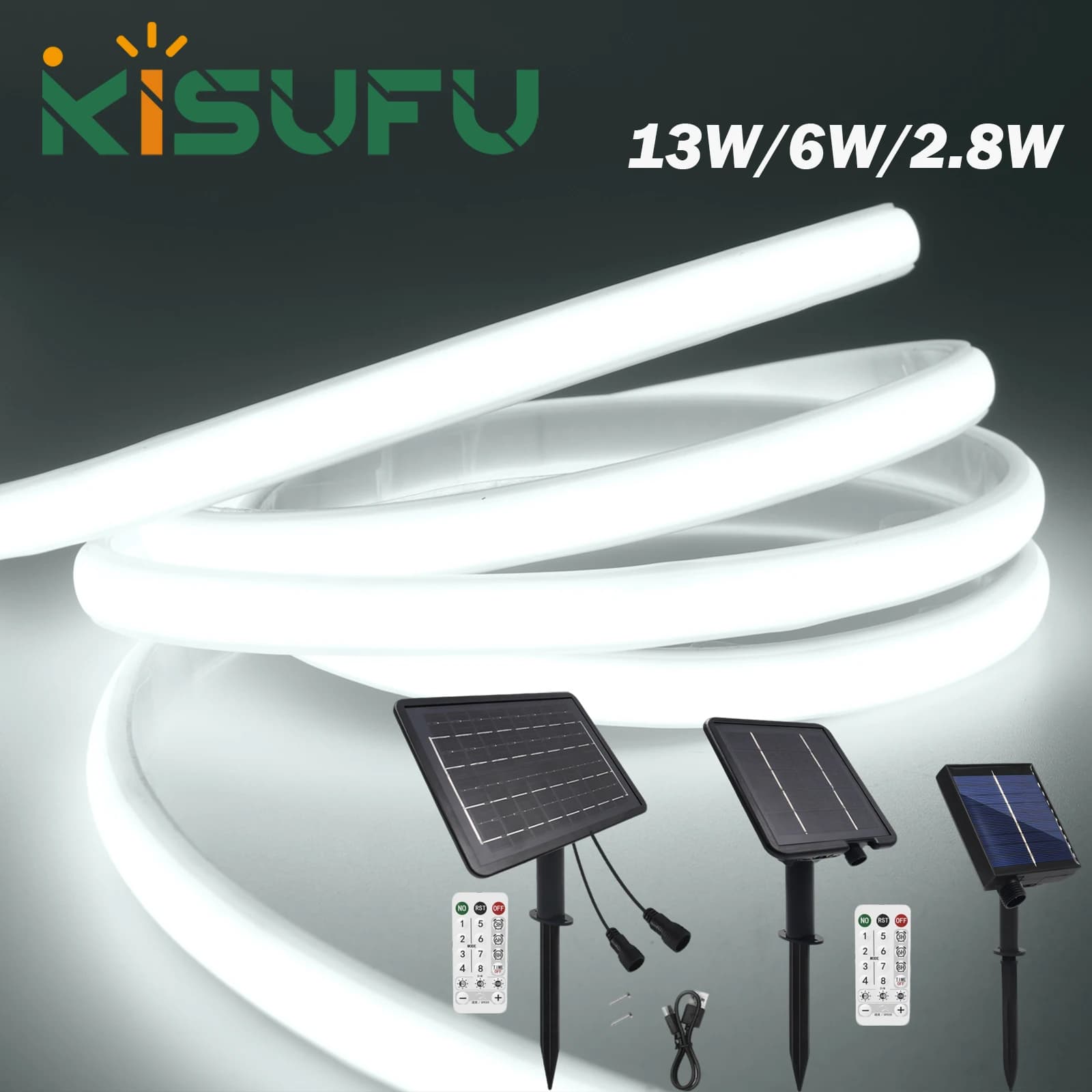 Striscia LED Neon COB Solare Dimmerabile con Telecomando, Pannello Solare 1.3W/2.8W/6W/13W, Lampada Impermeabile Bianca Naturale Calda per Decorazione Casa e Giardino