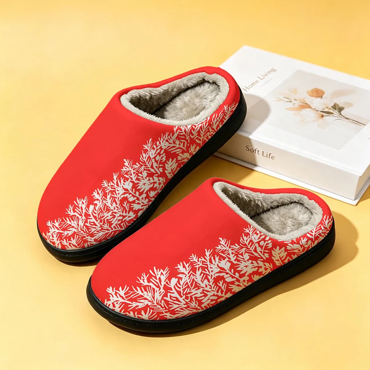 Red White Pine Tree Women's Winter High-End Cotton Slippers Indoor Home Plush Warm Slippers Couple Slippers Men Autumn