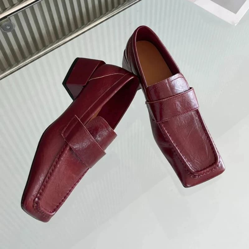 Women Square Toe Chunky Heel Dress Shoes Soft Leather Loafers Comfortable Office Pumps British Style Slip On Shoes for Work