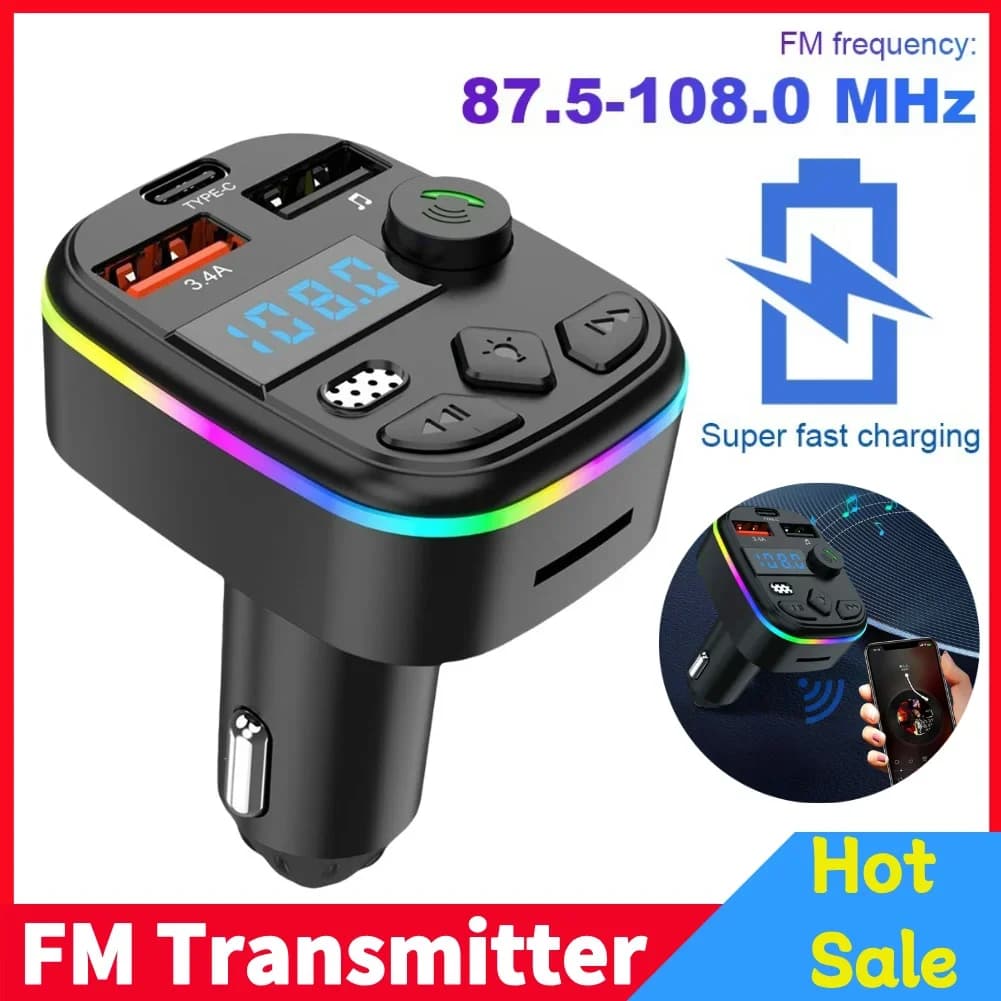 Caricabatterie per Auto Compatibile Bluetooth 5.3, Lettore MP3 con Doppia Porta USB, Kit Vivavoce Wireless per Auto, Trasmettitore FM, Supporto per Scheda TF e Chiavetta USB