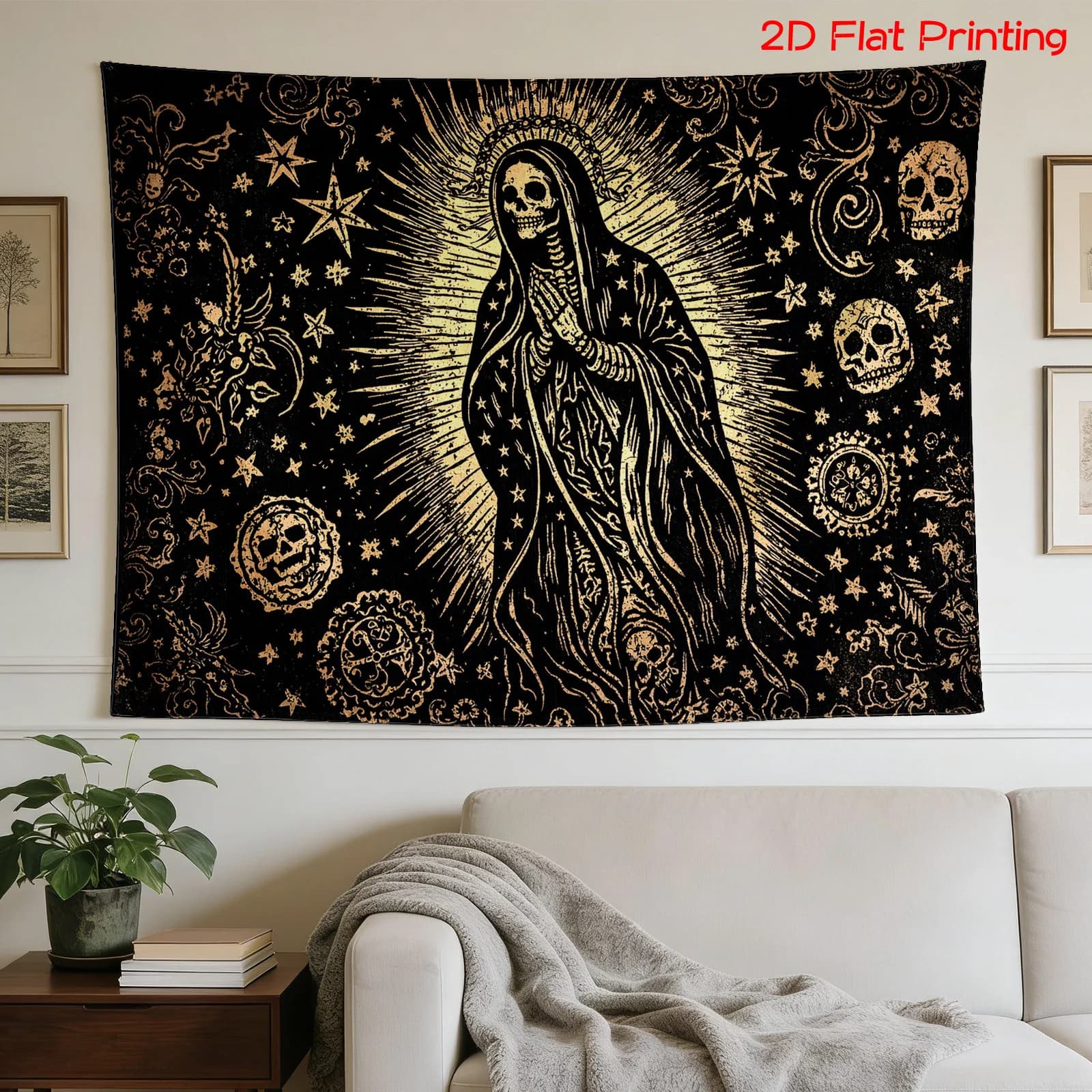 Large Black Gold Skeleton Reaper Gothic Tapestry Wall Hanging Polyester Home Decor Halloween Spooky Skull Art Print Haunted Hous