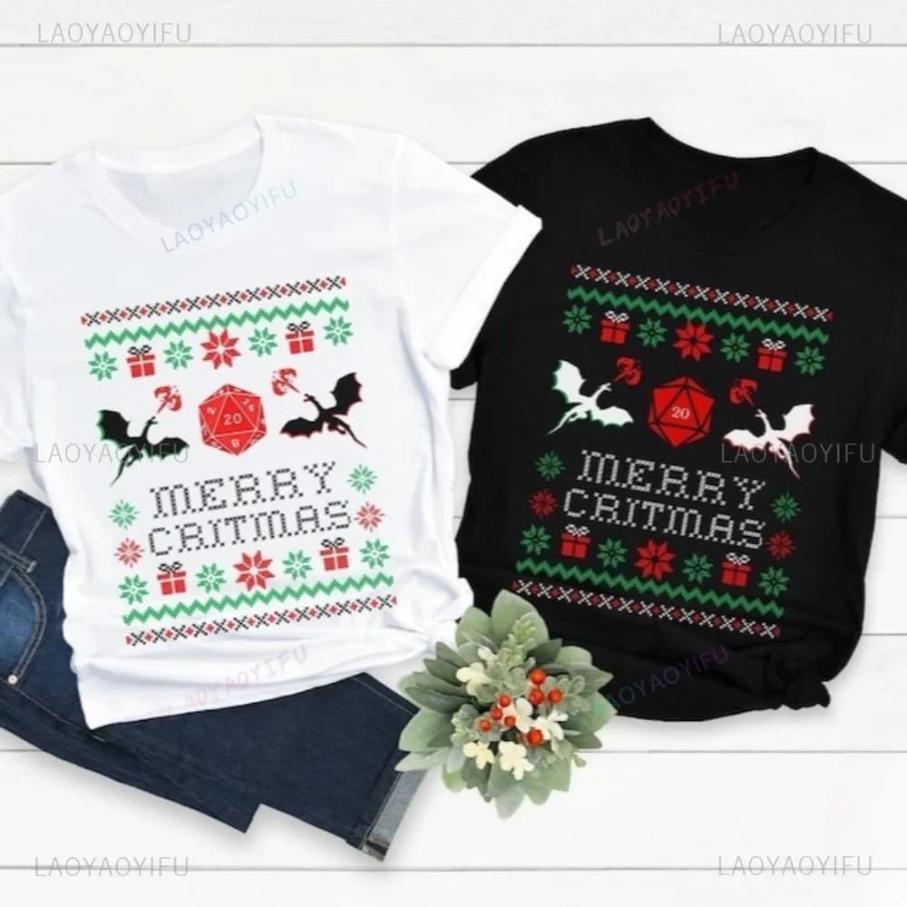DND Merry Critmas Dungeons and Dragons D20 Dice TShirt Divertente gioco da tavolo Amante Regalo T Shirt Moda casual Manica corta Uomo Tees