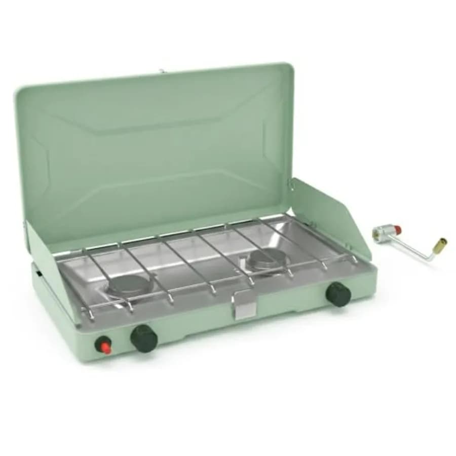 Fornello da campeggio portatile per cucinare all'aperto, in lega di alluminio, verde chiaro, piano cottura a gas propano a 2 fuochi con 20000 BTU, protezione dal vento
