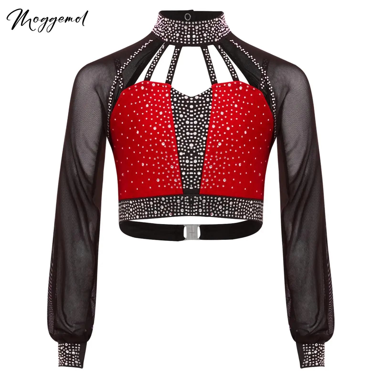 Ginnastica per ragazze Pattinaggio di figura Costume da ballo Collo a lupetto Maglia trasparente Maniche lunghe Ritaglio sul retro Con spalline Strass lucidi Crop Top