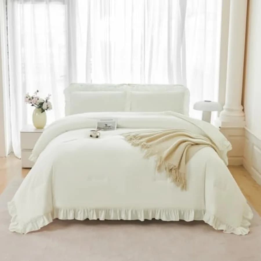 Set Copripiumino Matrimoniale 5 Pezzi con Volant, Letto in una Borsa con Lenzuola, Stile Rustico Beige, Set Biancheria da Letto Morbido e Soffice