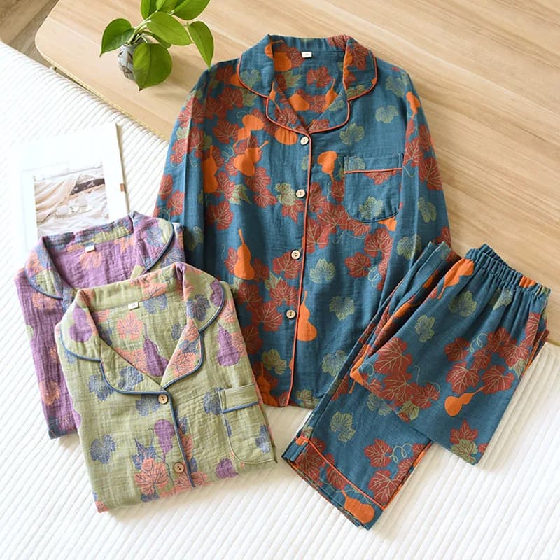 Women's Unique Print Cotton Pajama Set Lapel Collar Long Sleeve Piping Detail Sleepwear Soft Breathable Loungewear Home Wear