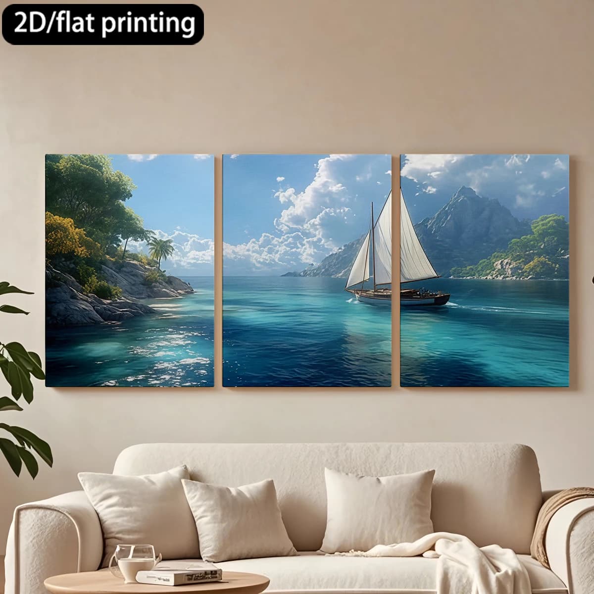 Decorative painting on canvas with wooden frame, 3 pieces, Sailboat, crystal clear sea, coastal landscape. Hall decoration, living room.